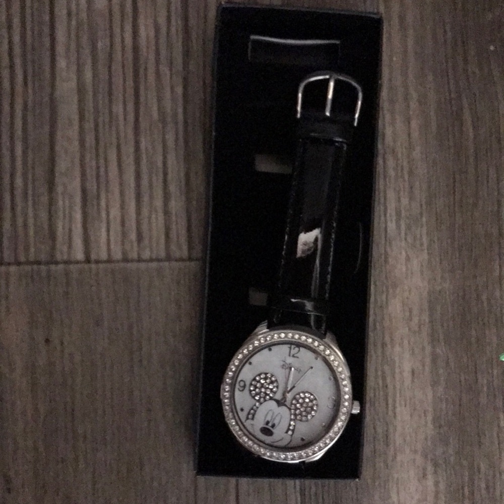 Disney Avon Mickey Mouse Watch Black Band Rhinestone Round Face Quartz